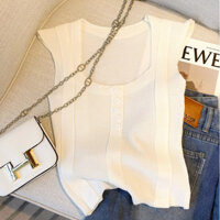 Áo thun dệt kim nữ hot girl, dáng ôm, cổ vuông, không tay