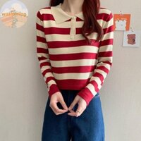 Áo thun dệt kim sọc ấm áp dành cho nữ Áo thun cổ tròn dài tay dệt kim VN