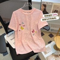 Áo thun đính đá nóng [giảm giá 40%] Áo thun nữ tay ngắn cỡ lớn 1-150kg Phong cách dịu dàng Jacquard Hot Kim cương giả Áo thun ngắn tay nữ mùa hè Loo giảm tuổi