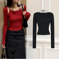 Áo thun gân cổ yếm tay dài đen đỏ