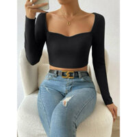 Áo thun gân croptop tay dài cổ lượn