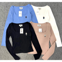 Áo Thun Gân Tay Dài Cổ Vuông Trơn Thêu Gấu Dễ Thương Chuẩn Xịn