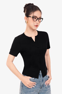 Áo thun gân tay ngắn màu đen cổ xẻ V