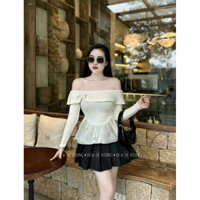 Áo thun gân trễ vai cổ bèo dài tay cúc ngọc ôm body tôn dáng Áo kiểu nữ tiểu thư thu đông bánh bèo nữ tính