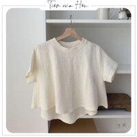 Áo thun gân xước cổ tròn, dáng croptop Phong cách ulzzang