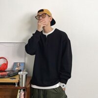 Áo thun giả hai mảnh cổ Henley mùa xuân và mùa thu, áo dài tay phong cách Hàn Quốc cho nam, rộng rãi, thoải mái, đa năng