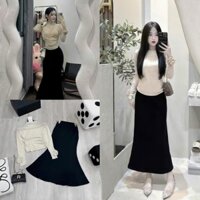 Áo thun giấy rút eo đuôi tôm + chân váy đuôi cá dáng dài , sét váy nữ sang chảnh tiểu thư tôn dáng body