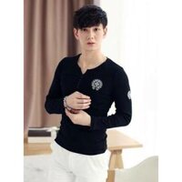 Áo thun Hàn Quốc dài tay cổ xẻ logo ngực  thời trang - cá tính - đen