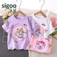 [Áo thun] Hàng có sẵn Áo thun Cotton nguyên chất cho bé gái Hạt lật đính cườm Hoạt hình Cô gái xinh đẹp Họa tiết Trung Big Ki