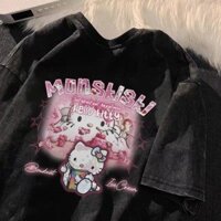 Áo thun Hello Kitty phong cách đường phố nữ oversize dễ thương top 100% cotton tay ngắn