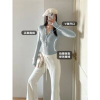 Áo thun Henley ôm eo màu xanh mới cho phụ nữ, lớp nền, phong cách Hàn Quốc mùa xuân, áo ôm cổ V ONDN