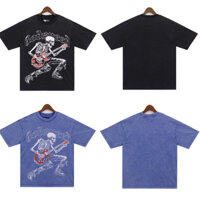 Áo thun High Street, bộ xương đàn guitar mới in hình denim, áo thun ngắn tay cotton nguyên chất