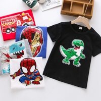 Áo thun họa tiết khủng long/ siêu nhân/ kỳ lân đính kim sa đảo ngược được thời trang mùa hè thường ngày cho bé 2-8 tuổi