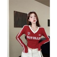 Áo thun HOT GIRL CỔ chữ V sọc kiểu Mỹ mẫu ngắn thiết kế áo dài tay cổ điển nữ áo mặc trong màu tương phản áo hở rốn KQNW