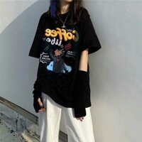 Áo thun in 3d nữ coffee sữa đổ mặt form rộng rãi cute 2 chất thun mềm mại àu trắng đen - đen - L