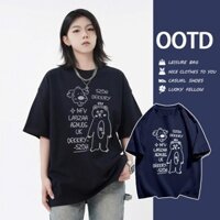 Áo thun in hình chú gấu ngơ ngác vải cotton oversize unisex cổ tròn tay ngắn form rộng mùa hè #199