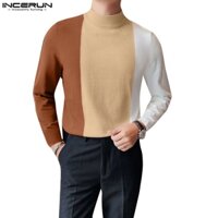 Áo thun INCERUN dài tay cổ cao phối màu phong cách hàn quốc cho nữ