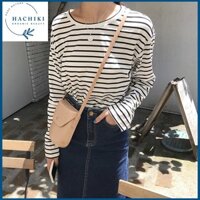 Áo thun kẻ sọc dài tay, Áo thun nữ form rộng kiểu BASIC chất cotton thái, thương hiệu EUNINA AK10