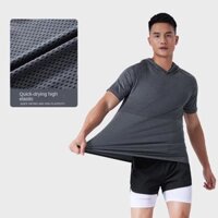 Áo thun khô nhanh nam co giãn cao thoáng khí hấp thụ độ ẩm Chạy bộ tập thể dục Bắn súng có mũ trùm đầu tay ngắn