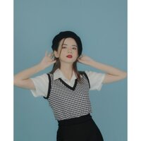 Áo thun không tay cổ V  hoạ tiết HOUNDSTOOTH phong cách hàn quốc, áo gile ba lỗ croptop