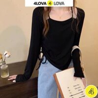 Áo thun kiểu dài tay body nữ 4LOVA thiết kế cổ yếm xẻ tà phối dây rút quyến rũ freesize - ĐEN,L
