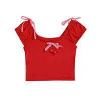 Áo Thun kiểu Nữ Cổ Vuông, Áo Croptop Tay Ngắn, màu đỏ Thắt Nơ, ôm dáng, Vai bồng