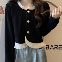 Áo thun kiểu nữ tay dài cổ vuông phối bèo và đính nút ngọc phong cách dễ thương vải thun gân Ruby -A254