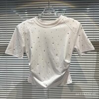 Áo thun kim cương nóng tích cực Áo thun cao cấp mỏng hơn Phiên bản Hàn Quốc 2023 Phong cách mới Xuân hè Công nghiệp nặng nề Tất cả các trận đấu ngắn tay hợp thời trang đeo vai cổ tròn Slim-Fit