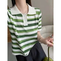 Áo thun len nữ cổ bẻ tay ngắn .