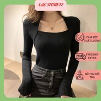 Áo thun len nữ dệt kim tay dài cổ vuông dáng ôm kiểu Hàn Quốc