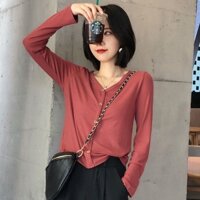 Áo thun len nữ tay dài cổ tim 5 cúc thời trang hàn quốc