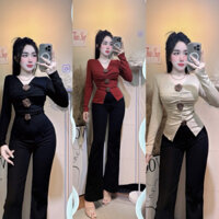 ÁO THUN LEN NỮ TAY DÀI CỔ TIM CÀI HOA FOM DÁNG DÀI