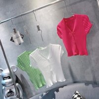 Áo thun len nữ tay ngắn quấn bèo xinh