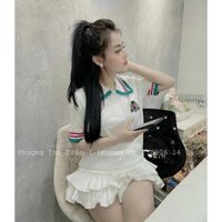 Áo thun len trắng ngực thêu hình ong cổ bẻ tay con phối viền sọc đỏ hàng QC100% ảnh sàn tự chụp, no fake