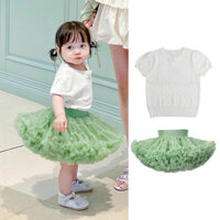 Áo thun lụa băng rỗng cho bé gái / Bộ váy tutu màu xanh lá cây phong cách tươi mát