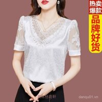Áo thun lụa thật cao cấp áo sơ mi trắng ren tay ngắn nữ áo lụa tơ tằm cao cấp mẫu mới mùa hè 2025