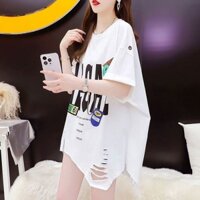 Áo Thun Lửng Dáng Rộng Phối Dây Xích Thiết Kế Rách Cá Tính Cho Nữ