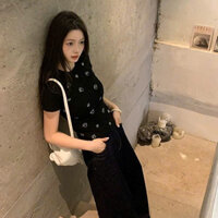 Áo thun lửng nữ Dáng rộng Form ôm nhẹ Tay ngắn Họa tiết Cổ tròn Áo phông thun lửng nữ Dáng ôm Cộc tay