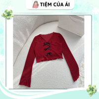Áo thun lưới phối nơ giữa tay dài loe cổ tim - Áo kiểu croptop
