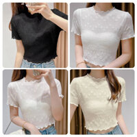 Áo thun lưới ren băng lụa nữ đế mỏng tay ngắn crop Top