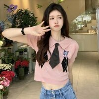 Áo thun màu hồng ngắn tay cho thiếu nữ, có họa tiết nơ thêu  AT64