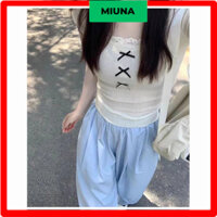 Áo thun màu trắng Miuna ba nơ dọc, Áo cổ vuông ngọt ngào quyến rũ
