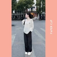 Áo thun mỏng tay dài nữ cổ thuyền đính đá họa tiết chữ thập chất cotton giấy form dáng dài rộng phong cách Hàn Quốc .