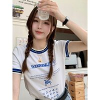 Áo thun mùa hè phong cách Hàn Quốc tương phản Áo thun đeo vai ngắn tay nữ mùa hè