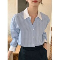 Áo thun mùa xuân Hàn Quốc tương phản dáng rộng thường ngày Áo sơ mi sọc dài tay nữ