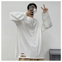 Áo Thun nam Áo phông dài tay from rộng unisex cá tính năng động với điểm nhấn rách gấu áo phá cách