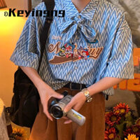 Áo thun nam, Áo sơ mi nửa tay thêu nhân vật hoạt hình trẻ trung, Thiết kế thắt nơ cổ, Thời trang và thoải mái