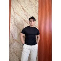 Áo thun nam basic ôm body cổ tròn cao tôn thân trên vải gân TC 65% Cotton 35% PE, co dãn và thoáng khí