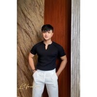 Áo thun nam cổ xẻ xếp ly phá cách thun gân dày form body tôn dáng Lt Fashion