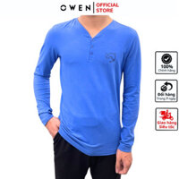Áo thun nam dài tay OWEN TS65262-YA T-shirt thu đông màu xanh dương vải cotton hoodie dáng body fit cổ tim cài cúc liền